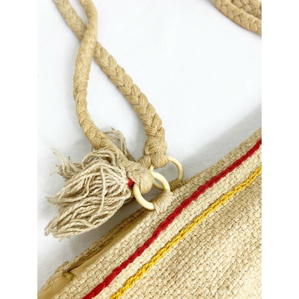 Vtg Bohemian Burlap Embroidered Tote Bag w/ Rope - Picture 3 of 5
